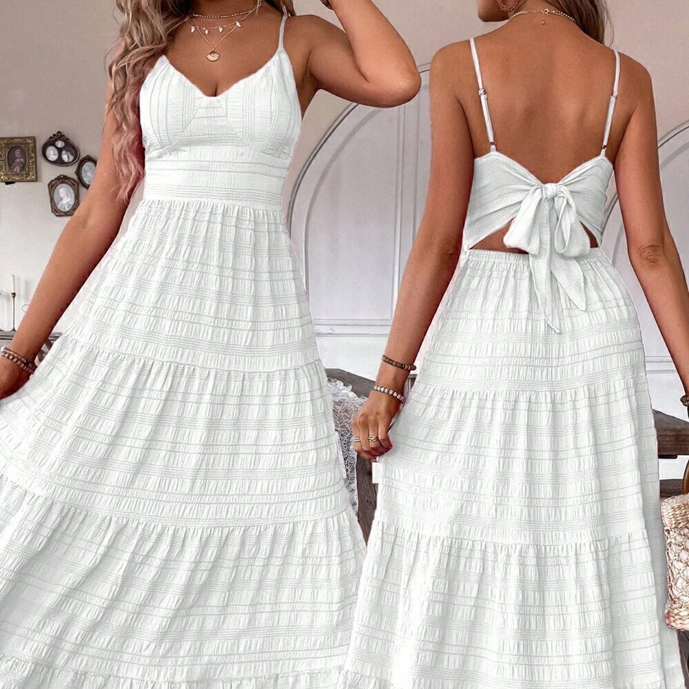 White Casual Women's Ruffle Hem Spaghetti Strap Dress - Picture 3 of 7
